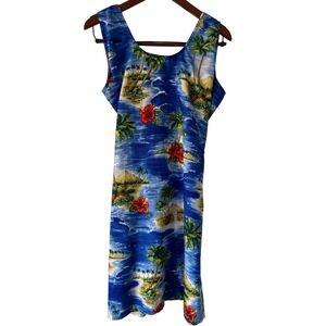 Rima Hawaiian Print Tropical Beach Dress Sleeveless V Neck Tie Waist Size L‎